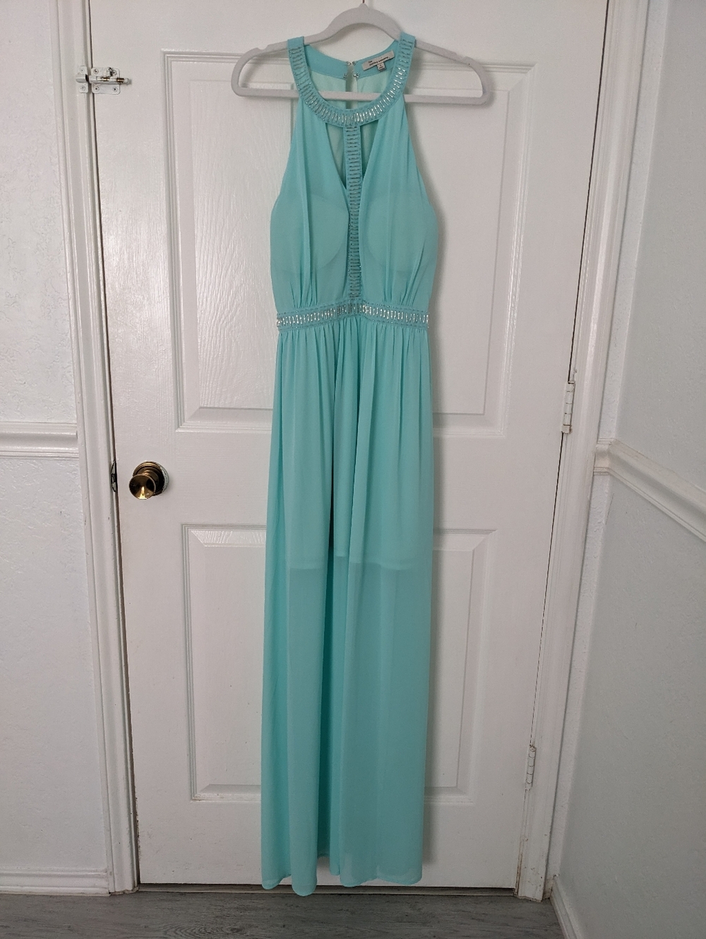the clothing company Mint Halter Maxi Dress with Beaded Accents